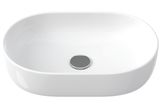 Lavabo ovale en céramique blanche Geberit, 55 x 35 cm, avec couvercle de bonde en métal.