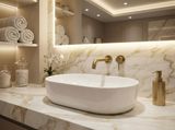 Lavabo ovale en céramique blanche, 55 x 35 cm, sur un plan de travail en marbre avec robinetterie et accessoires dorés.