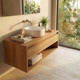 Lavabo rond en céramique blanche sur meuble-lavabo en bois avec serviettes et savon, Geberit Aniara bol 35cm.