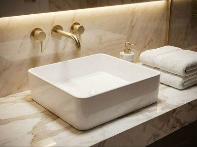 Lavabo carré en céramique blanche 40,5x40,5cm avec robinet doré sur un plan de travail en marbre avec serviettes.