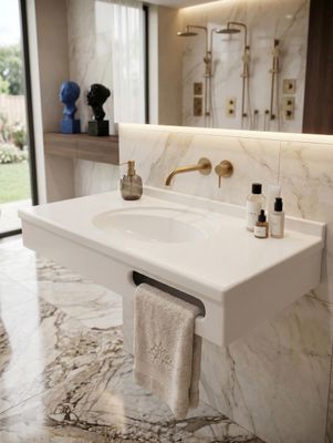 Plan-vasque Lagune 120 cm blanc avec porte-serviette intégré en Marbryx®, design élégant et raffiné.