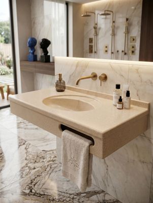 Lavabo Plan-vasque Lagune 120cm beige avec porte-serviettes intégré et surface Marbryx aspect marbre.