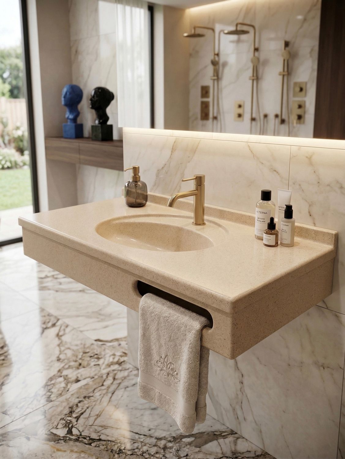 Plan-vasque Lagune 120 cm granité beige avec porte-serviette intégré — Vue produit 2