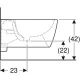 Dessin technique du bidet mural Geberit iCon, dimensions indiquées : 23 cm de large, 42 cm de haut, 22 cm de profondeur.