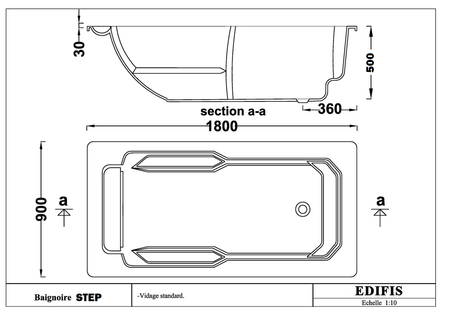 Baignoire STEP hydromassage simple 180 x 90 cm - vue 3
