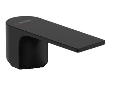 Poignée Hansgrohe Rebris E noir mat pour robinet mitigeur de bidet ou de lavabo avec indicateurs rouges et bleus.
