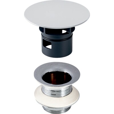 Bonde d'évier Geberit à écoulement libre avec couvercle de vanne chromé et longueur de filetage de 5 cm, noir et argent.