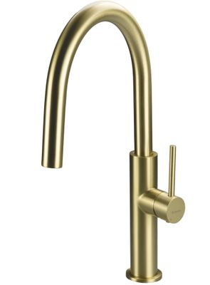 Robinet de cuisine Deante Evora, 200 mm, finition or PVD brossé, poignée unique, bec pivotant.