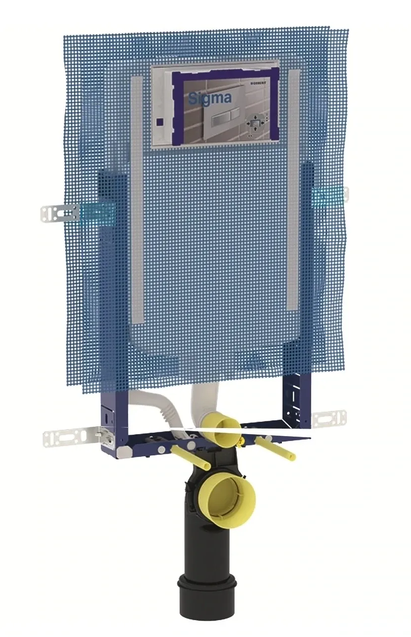 Cadre de fixation murale bleu Geberit Combifix Sigma 8 cm avec composants jaunes et noirs.