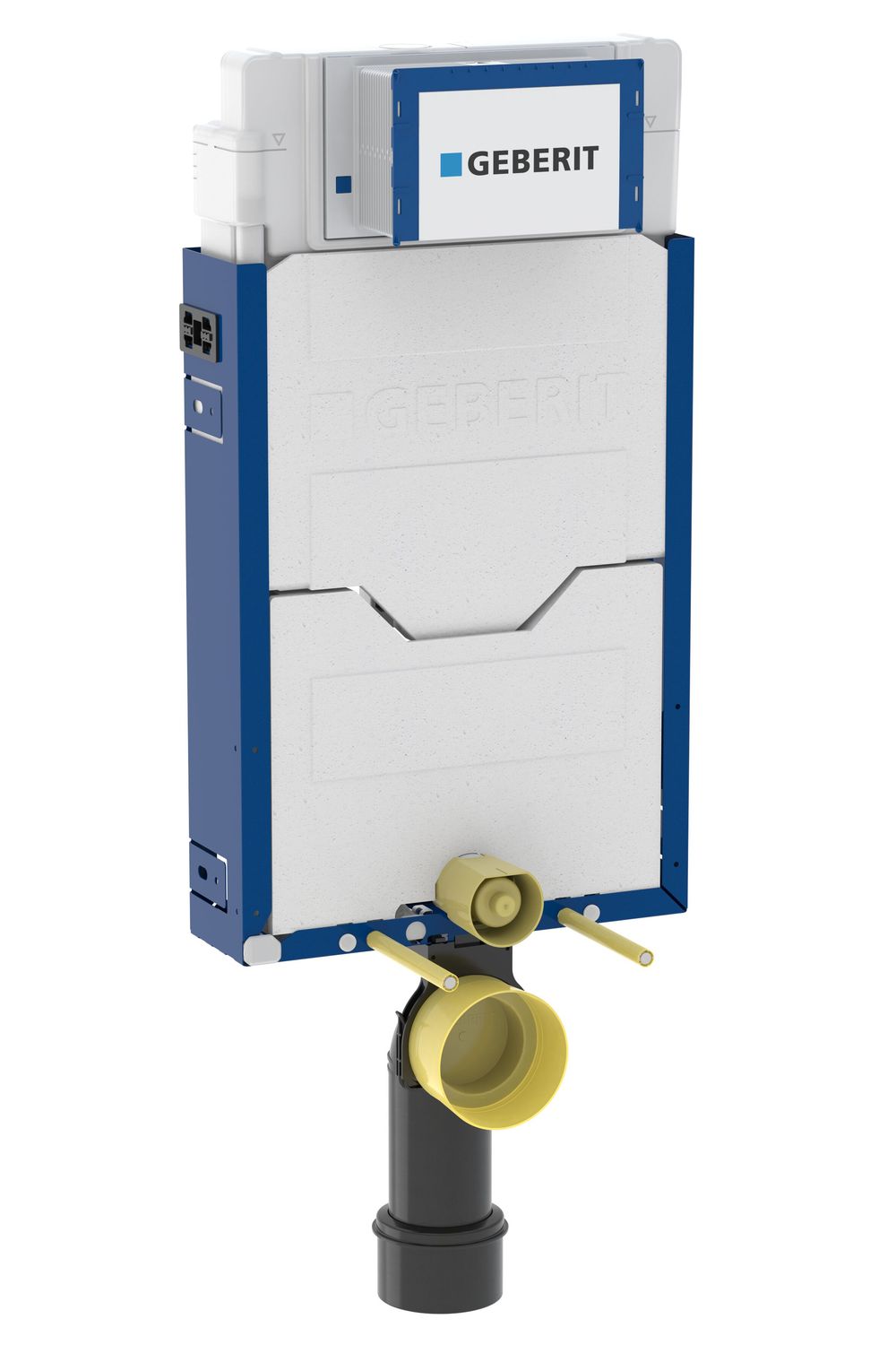 Cadre de support de toilette mural Geberit Combifix Sigma 12cm de couleur bleue et blanche.