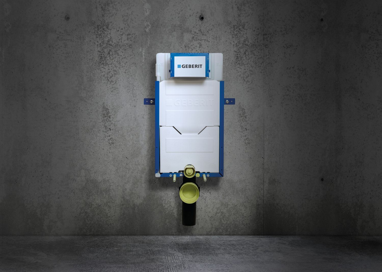 Cadre de support de toilette mural Geberit Combifix Sigma 12 cm de couleur blanche et bleue.