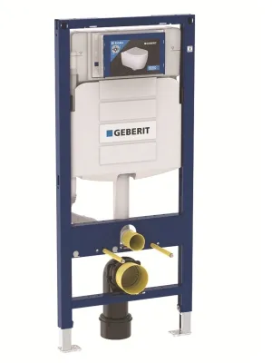 Cadre de toilette mural Geberit Duofix Sigma 12cm avec composants en métal bleu et en plastique blanc.