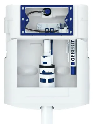 Cadre de support de toilette mural Geberit Duofix Sigma 12cm blanc et bleu avec composants internes apparents.