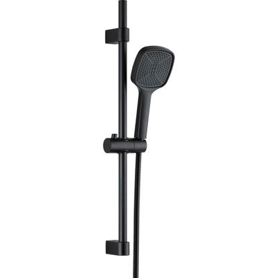 Ensemble de douche noir mat avec pommeau de douche à main, flexible et barre murale, par Deante Maro.