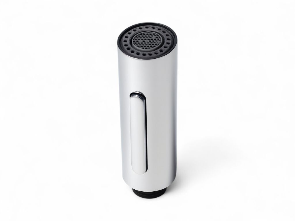 Douchette de robinet de cuisine Hansgrohe Focus M41, argentée, cylindrique, avec détails et bouton noirs.