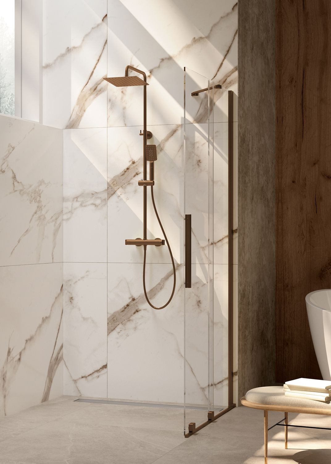 Colonne de douche carrée Deante 250 avec mitigeur thermostatique en PVD bronze brossé avec douchette à main 3 jets — vue 2