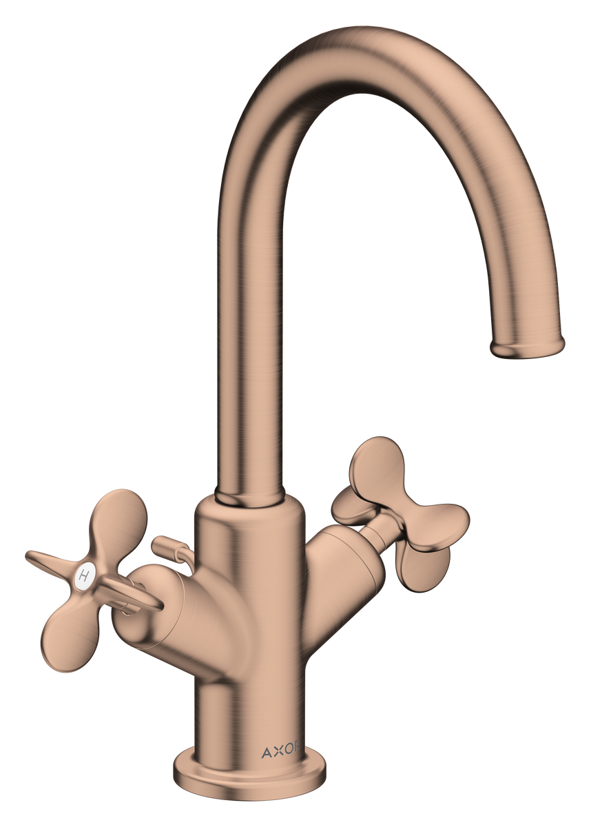 AXOR Archivio 170 Basin Mixer with Pull Rod and Drain, Cross Handles in Brushed Red Gold