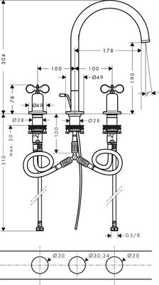 AXOR Archivio 190 3-Hole Basin Mixer with Cross Handles and Waste Set