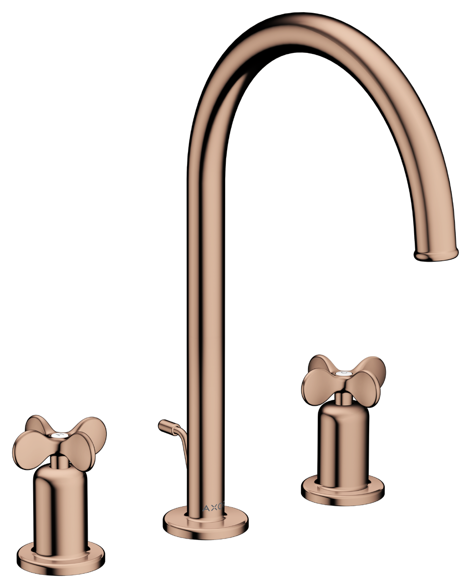 AXOR Archivio 190 Three-Hole Basin Mixer with Cross Handles and Polished Red Gold Waste Set