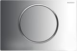 Plaque de commande Geberit Sigma10, chrome brillant avec anneau décoratif en chrome mat, mécanisme de déclenchement frontal.