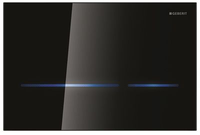 Plaque de commande électronique infrarouge Geberit Sigma80, verre noir, 12 cm, double commande tactile, design élégant.