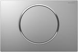 Plaque de commande Geberit Sigma10, chrome mat avec anneau chromé brillant, finition facile à nettoyer et résistante aux empreintes digitales.