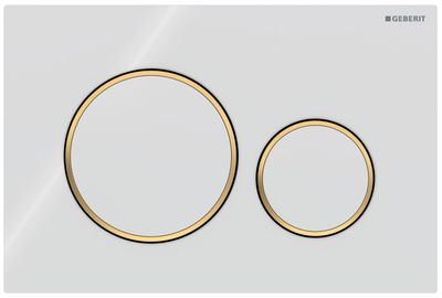 Geberit Sigma20 plaque de déclenchement, blanc, anneaux dorés brillants, déclencheur frontal.