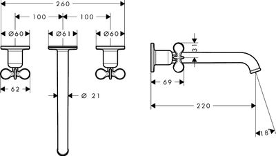 AXOR Archivio 3-Hole Concealed Basin Mixer 220 mm with Cross Handles