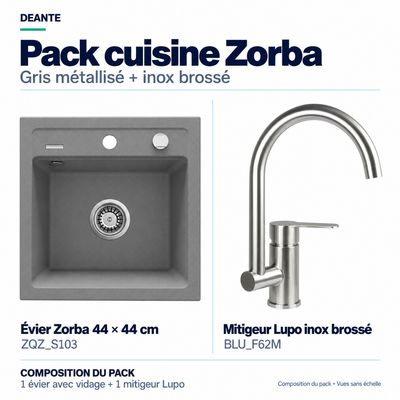 PACK 42: évier de cuisine Deante Zorba gris métallisé et mitigeur de cuisine