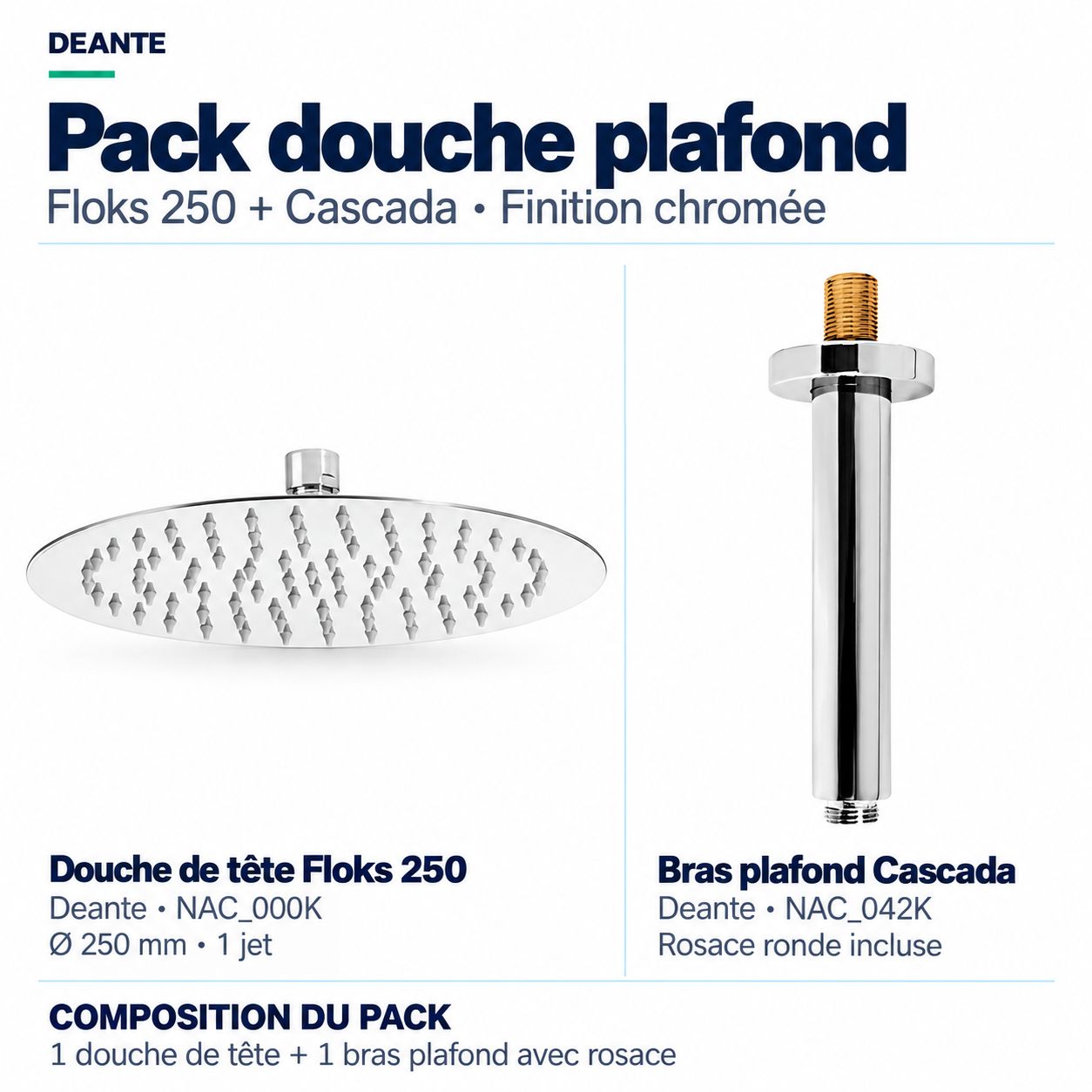 PACK: Round Deante Overhead Shower and Ceiling Shower Arm
