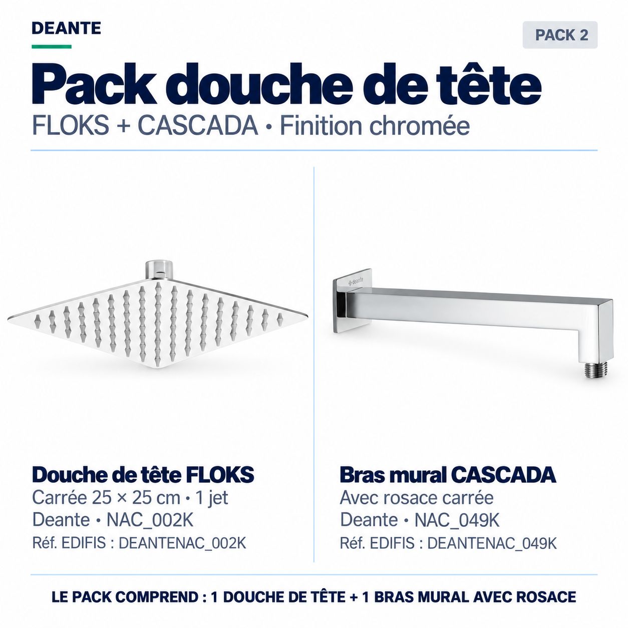 PACK: Square Deante overhead shower and wall-mounted shower arm