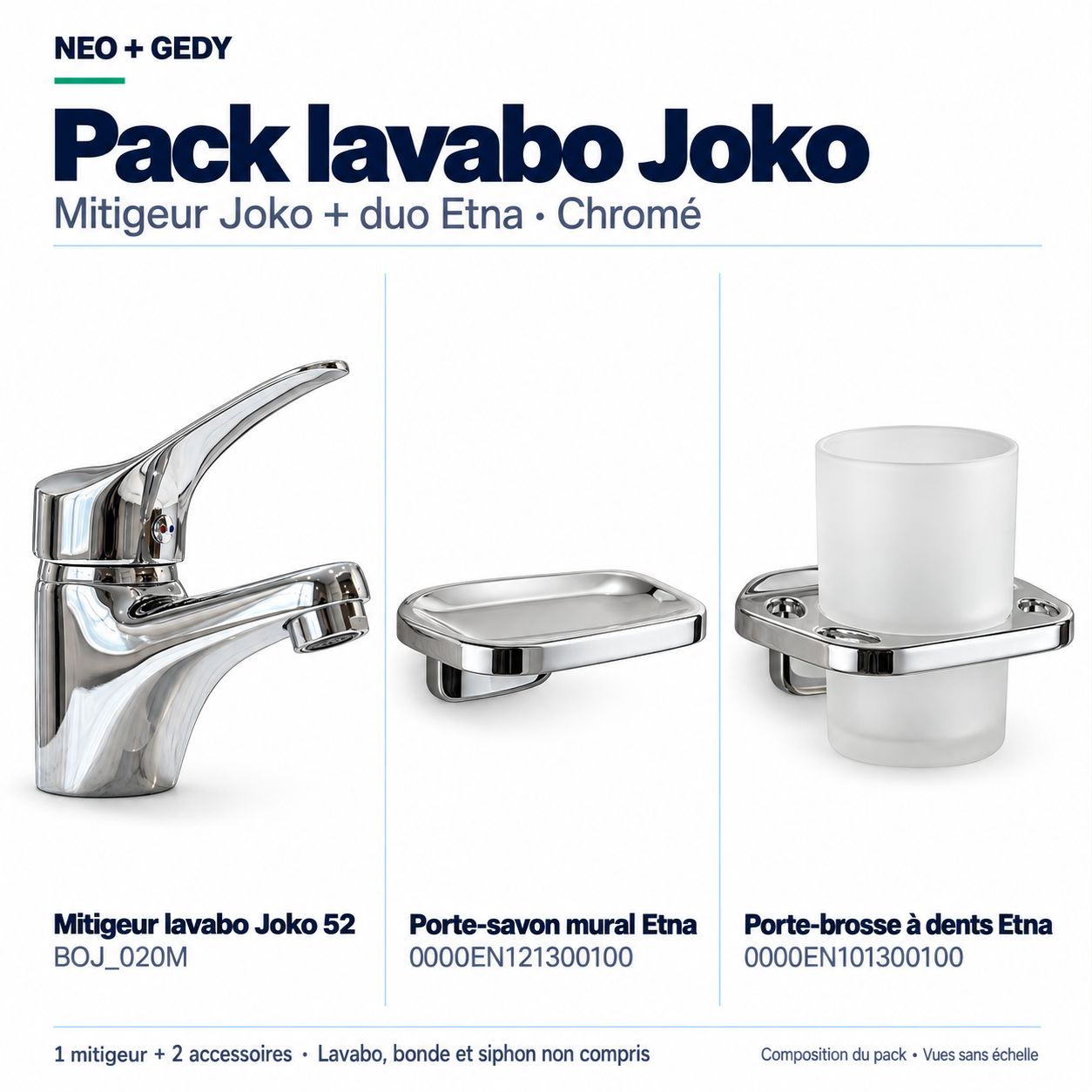 PACK: Joko Neo Basin Mixer Tap with Toothbrush Holder and Wall-Mounted Soap Dish Etna Gedy