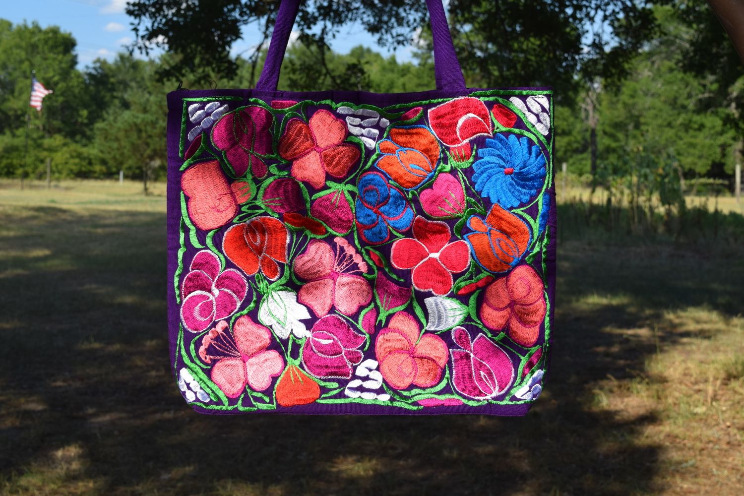 Purple Floral Embroidered Tote