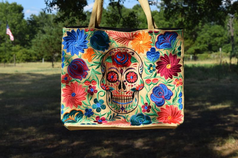 Sand Sugar Skull Embroidered Tote