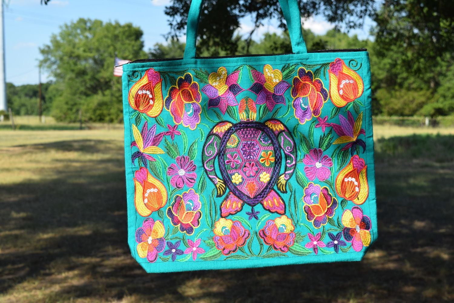 Turquoise Turtle Embroidered Tote