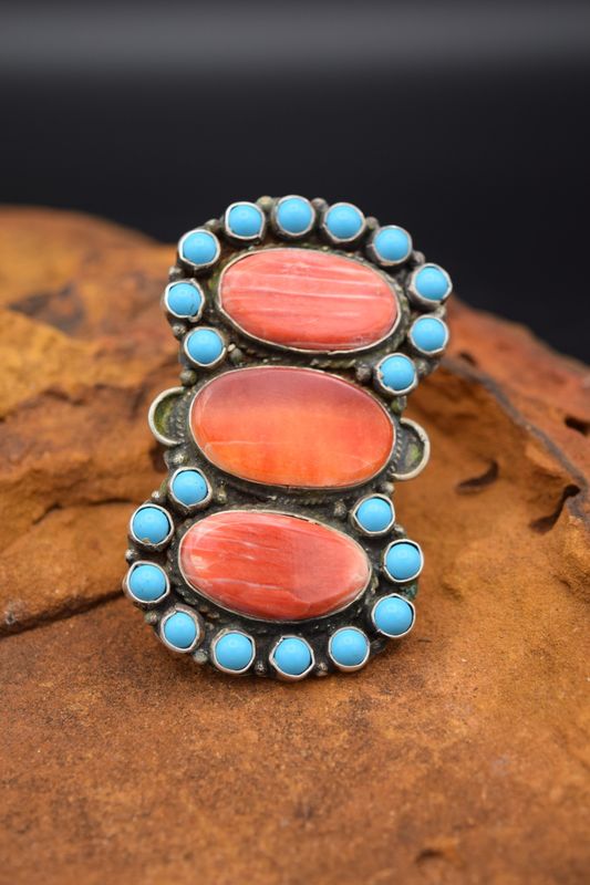 LEE BROWN ORANGE SPINY &amp; TURQUOISE RING (Size 8)