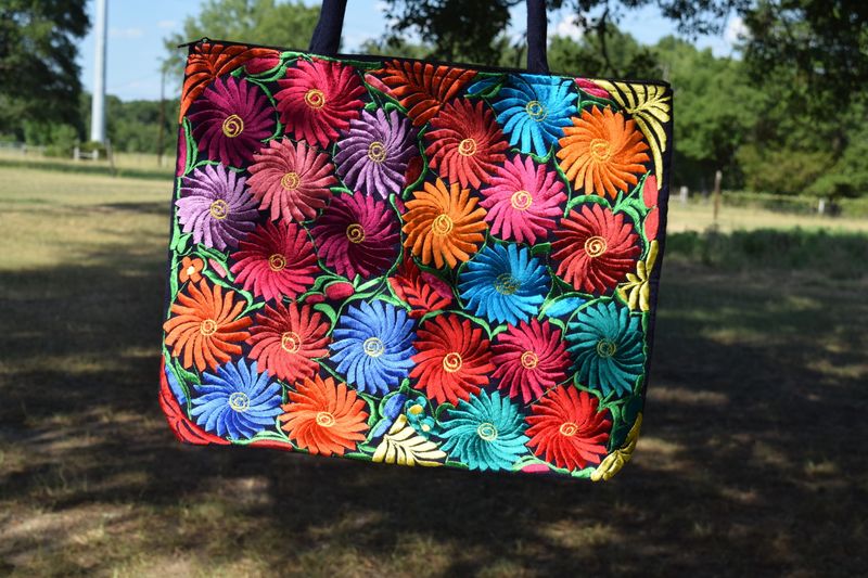 Navy Floral Embroidered Tote