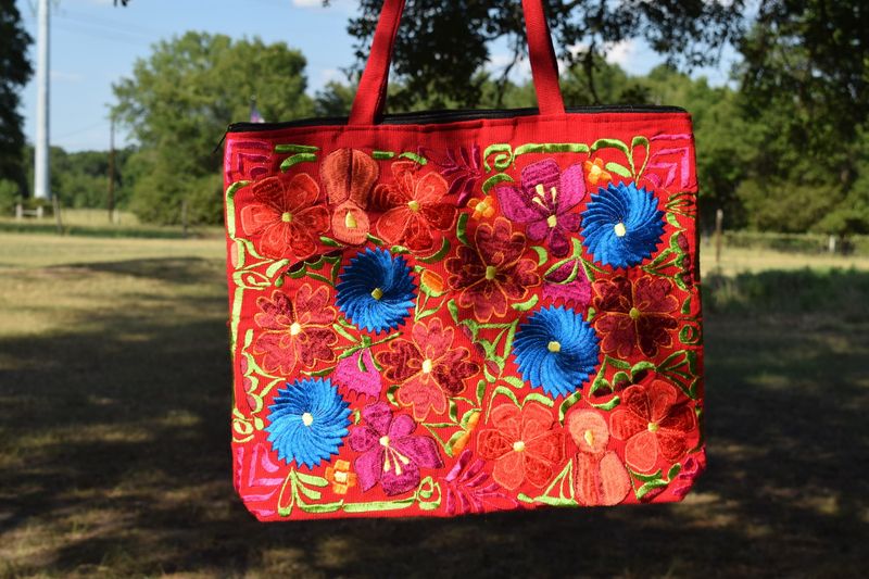 Red Floral Embroidered Tote