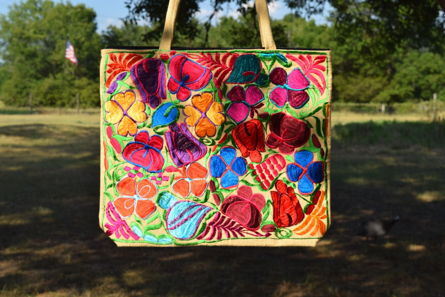 Sand Floral Embroidered Tote
