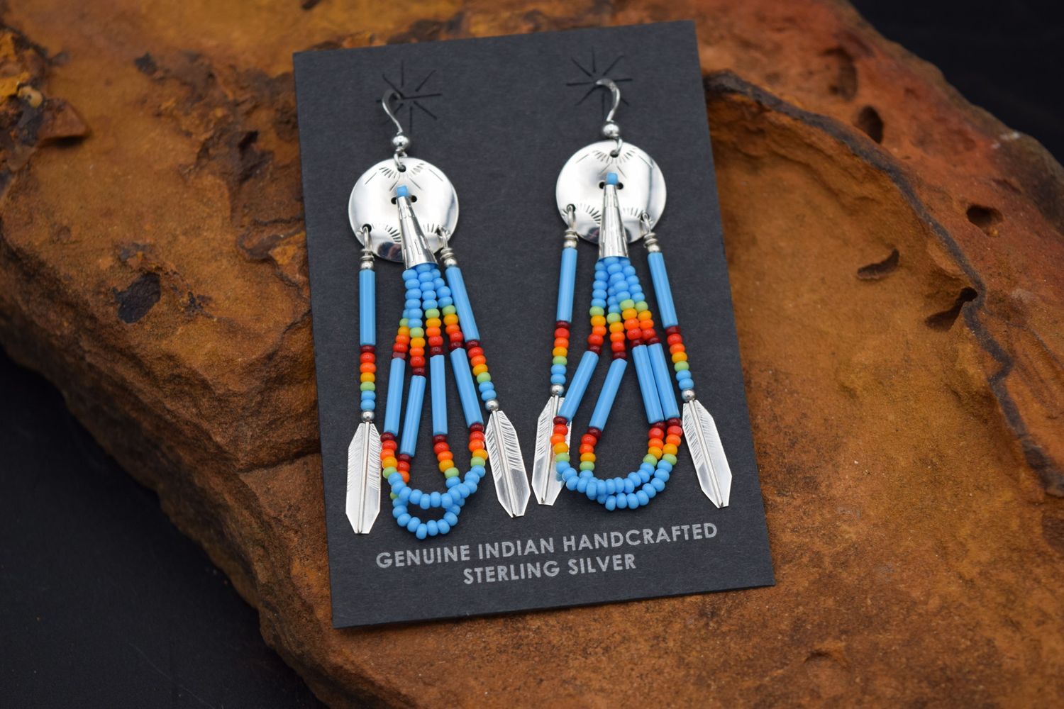 SILVER FEATHER BEADED EARRINGS