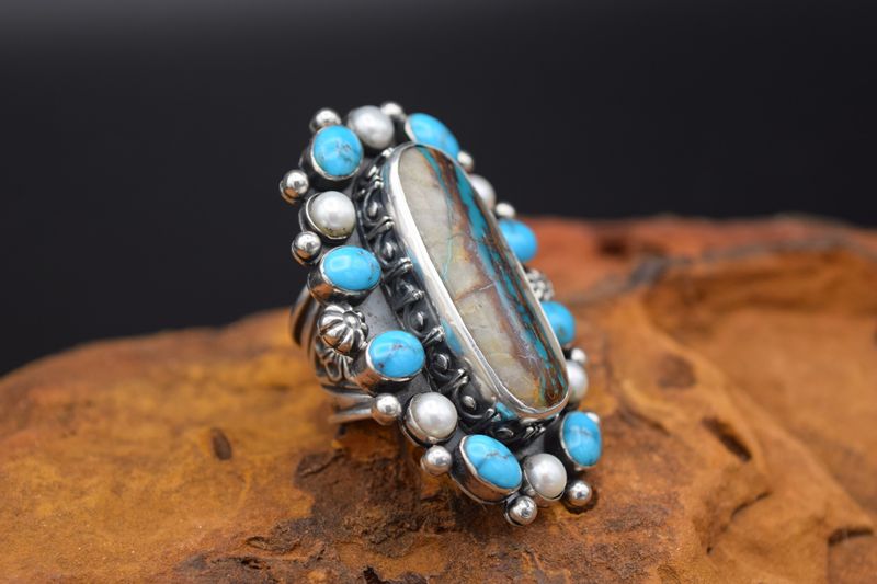 Eli Gofman Blue Ribbon &amp; Pearl Ring (Size: 8)