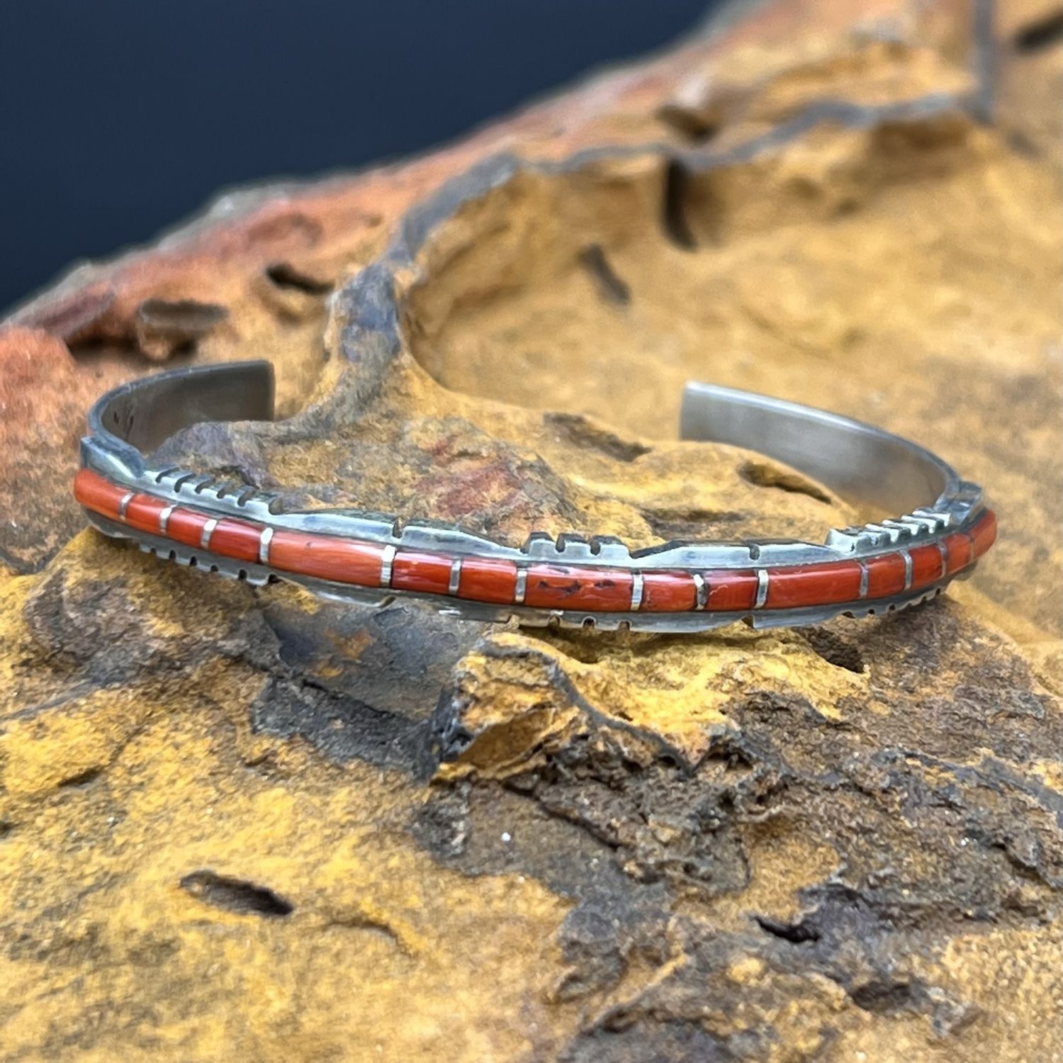 Red Coral Zuni Inlay Stacker Cuff  [Size: 6.5&quot;]