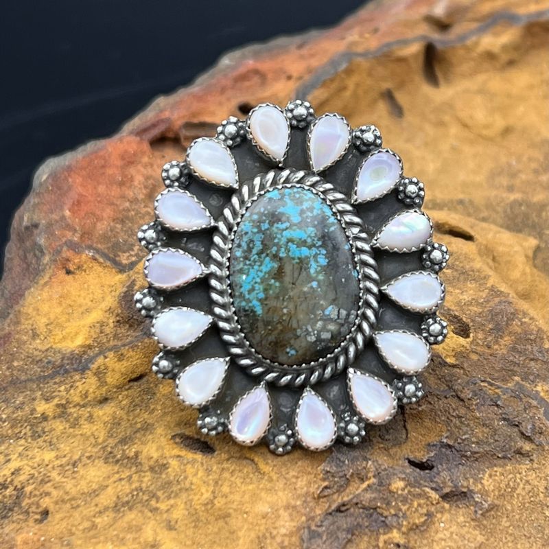 CHARLIE L  PEARL/TURQUOISE ADJUSTABLE RING [Size: 9]