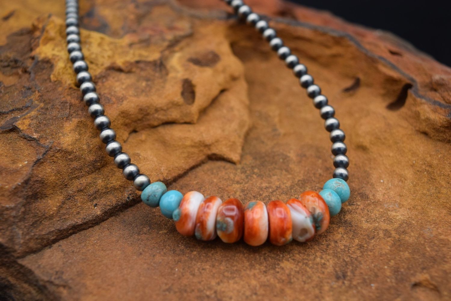 NAVAJO PEARLS, ORANGE/TURQ NECKLACE  [16&quot;]