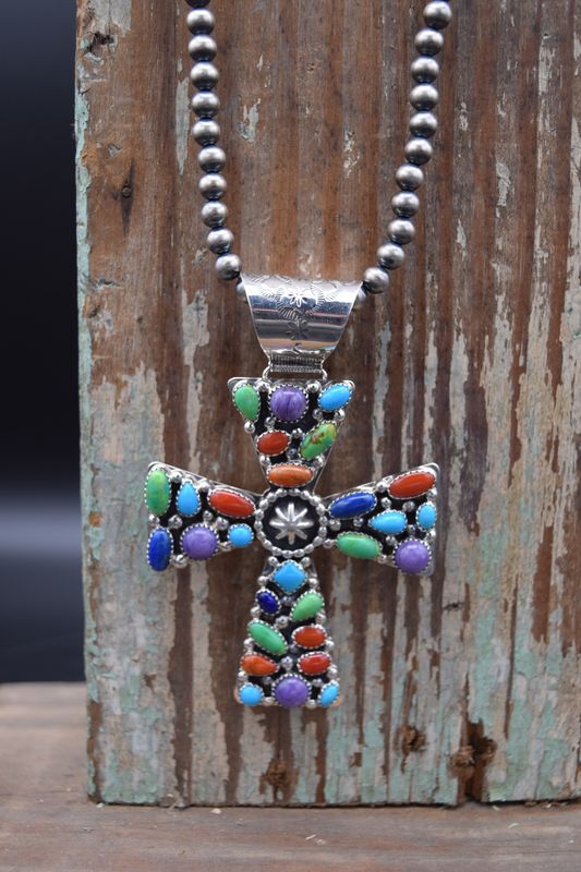 MULTI STONE CROSS NECKLACE