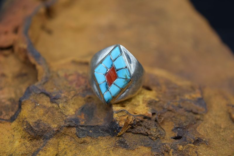 DIAMOND WILD HORSE TURQUOISE CORAL RING (Size: 11.5)