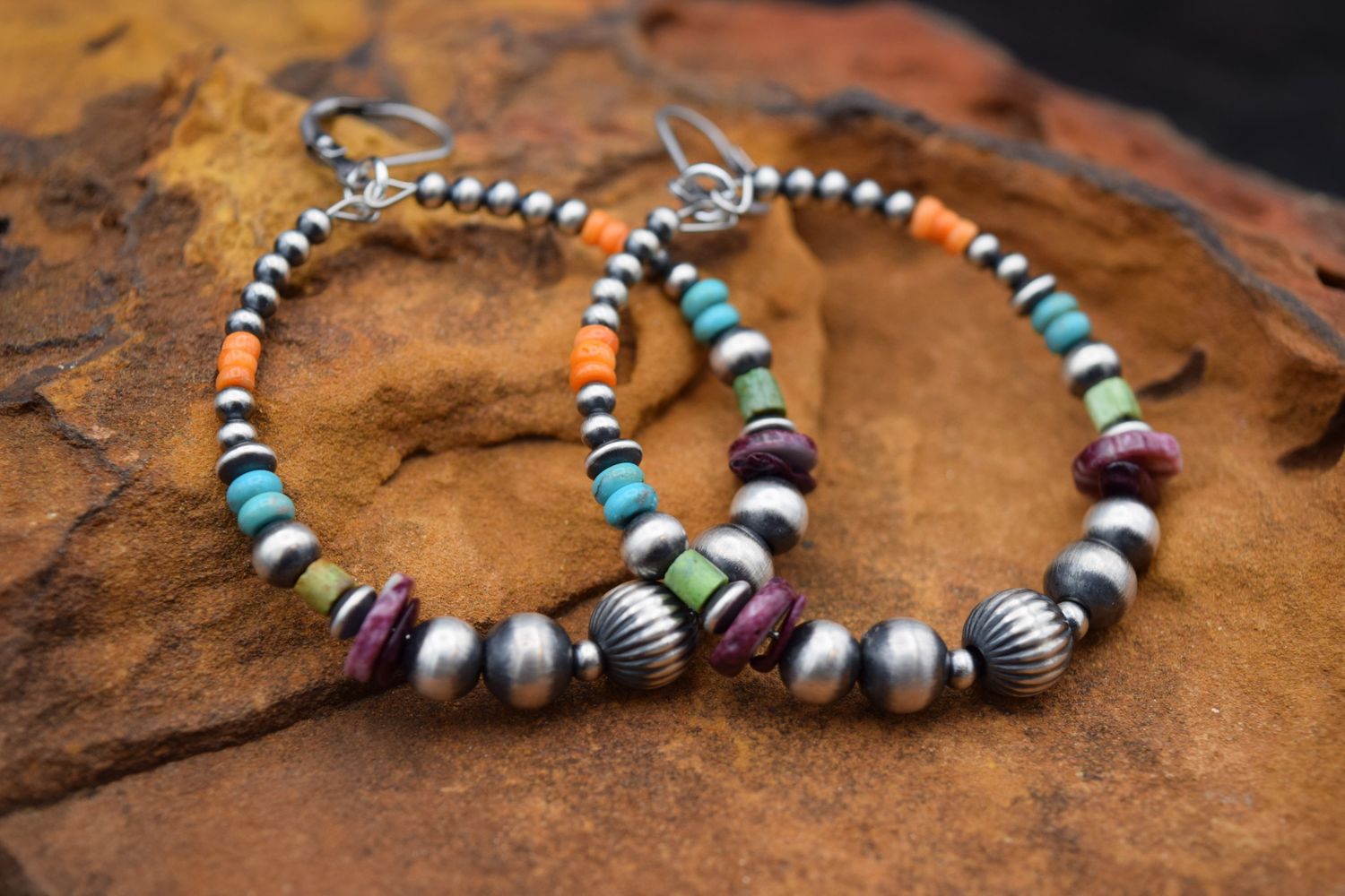 MULTI STONE NAVAJO PEARL HOOP EARRINGS
