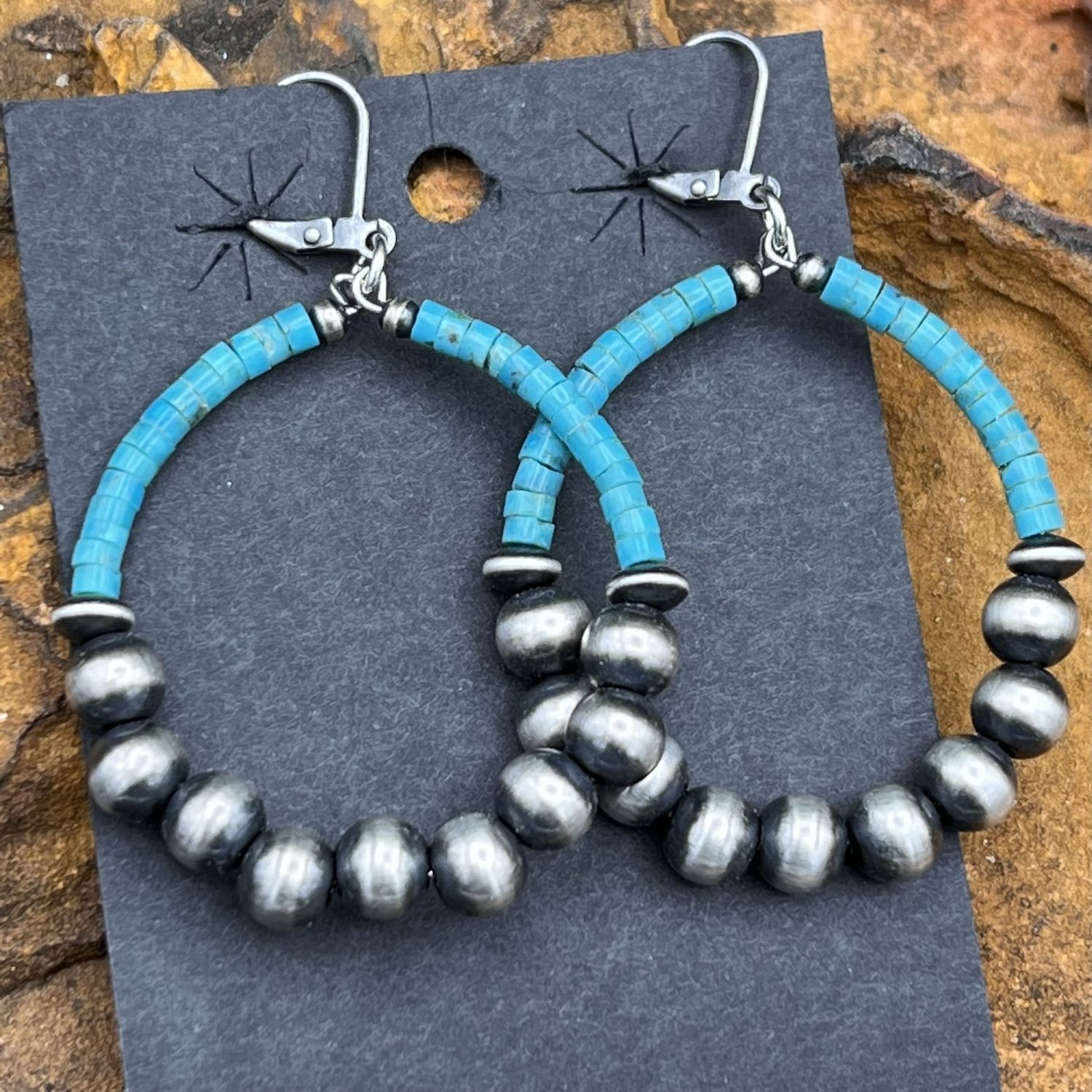 TURQUOISE &amp; NAVAJO PEARL HOOP EARRINGS