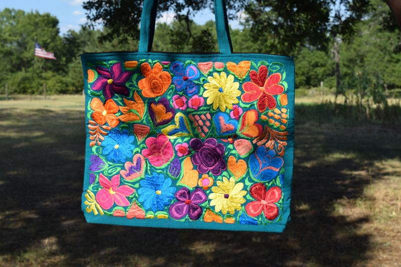 Turquoise Floral Embroidered Tote