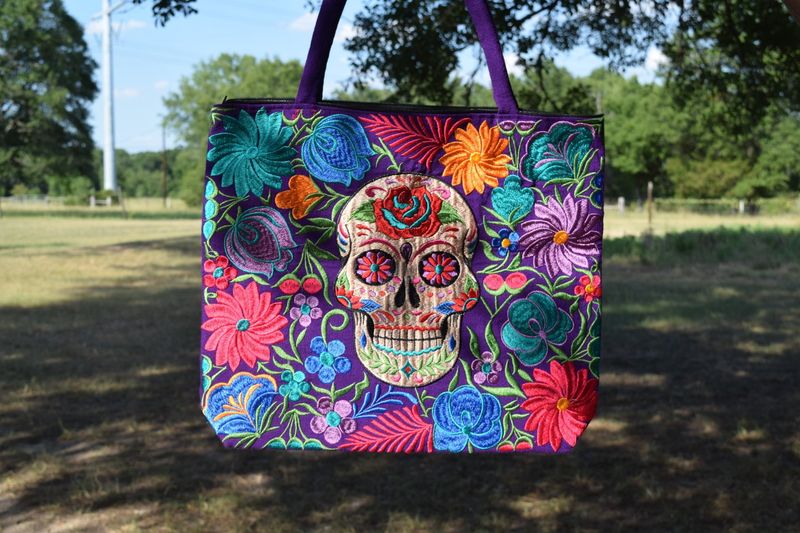 Purple Black Sugar Skull Embroidered Tote